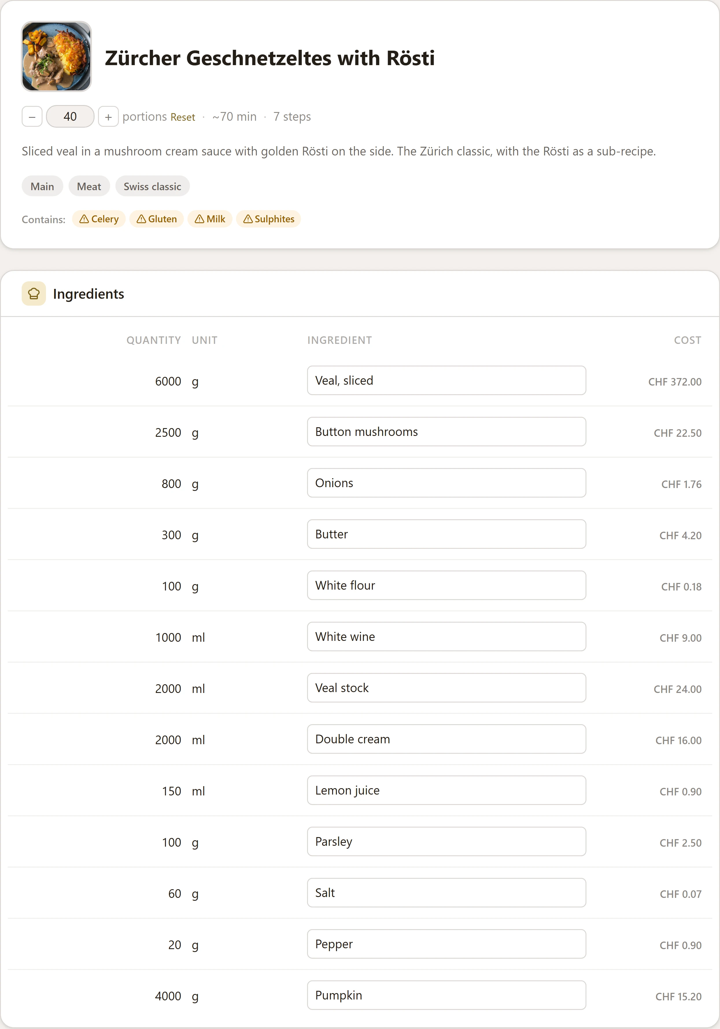 Trolevo recipe view: Zürcher Geschnetzeltes with Rösti scaled to 40 portions, with an automatically generated EU-14 allergen label and CHF ingredient costs.